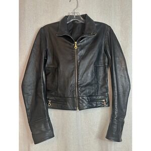 Leather Moto Jacket Gold‎ Detail Back Zip Pockets Black